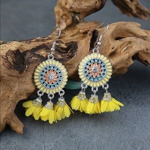 BOHO YELLOW FLOWER DISC TASSEL EARRINGS